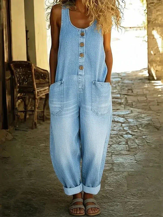 Women's Essential Denim Overalls Loose Fit Sleeveless Jumpsuit | Bellevyn